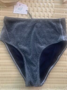 ATMOSEA Free People High-Waist Sparkle Bikini Surf Bottom - Silver Black NWT